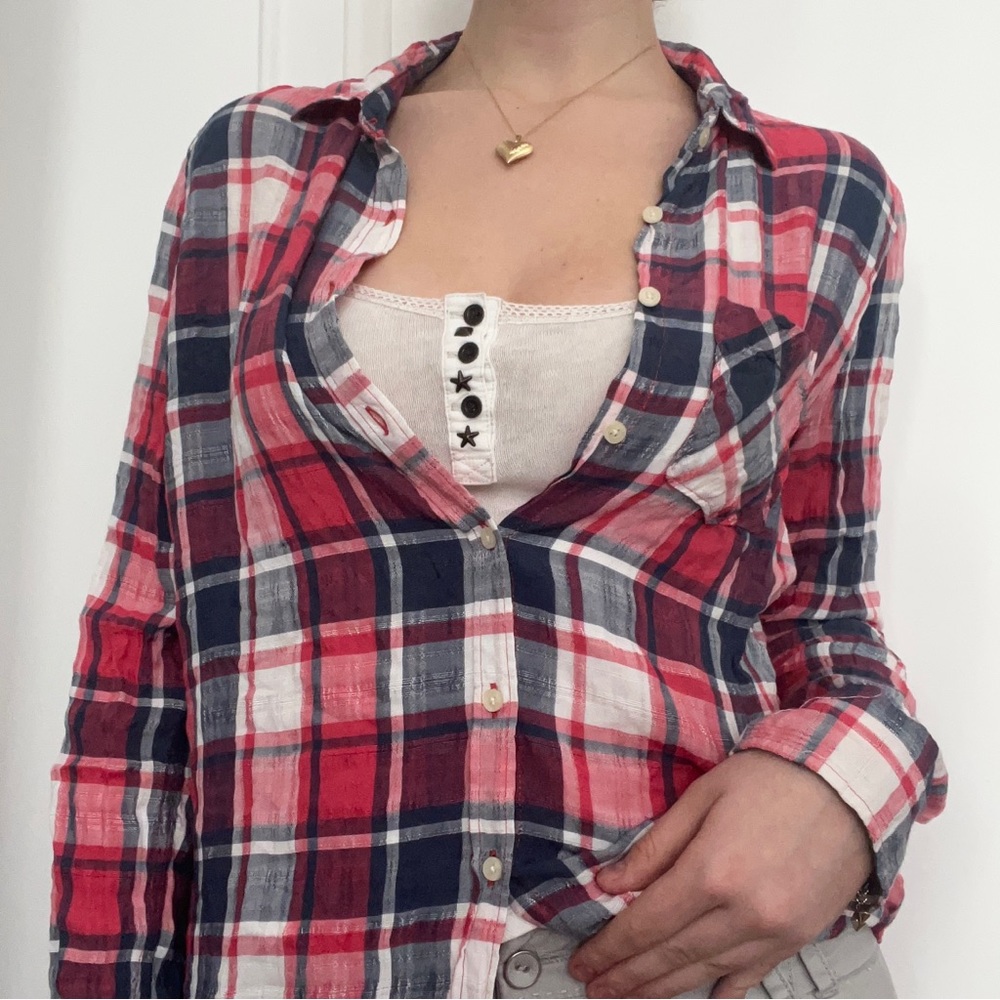Y2K plaid button-up top lightweight flannel